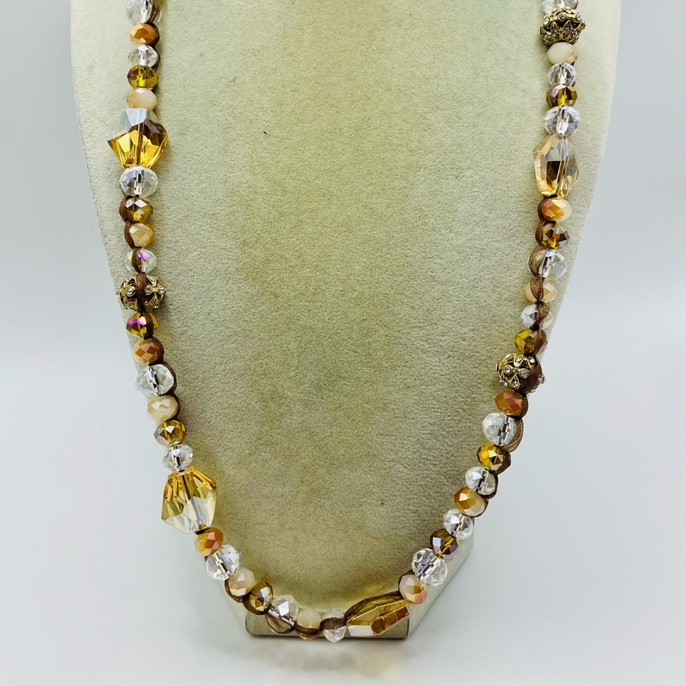 LOFT Long Crystal Rhinestone Antique  Gold Tone Beaded Necklace. 32 inches